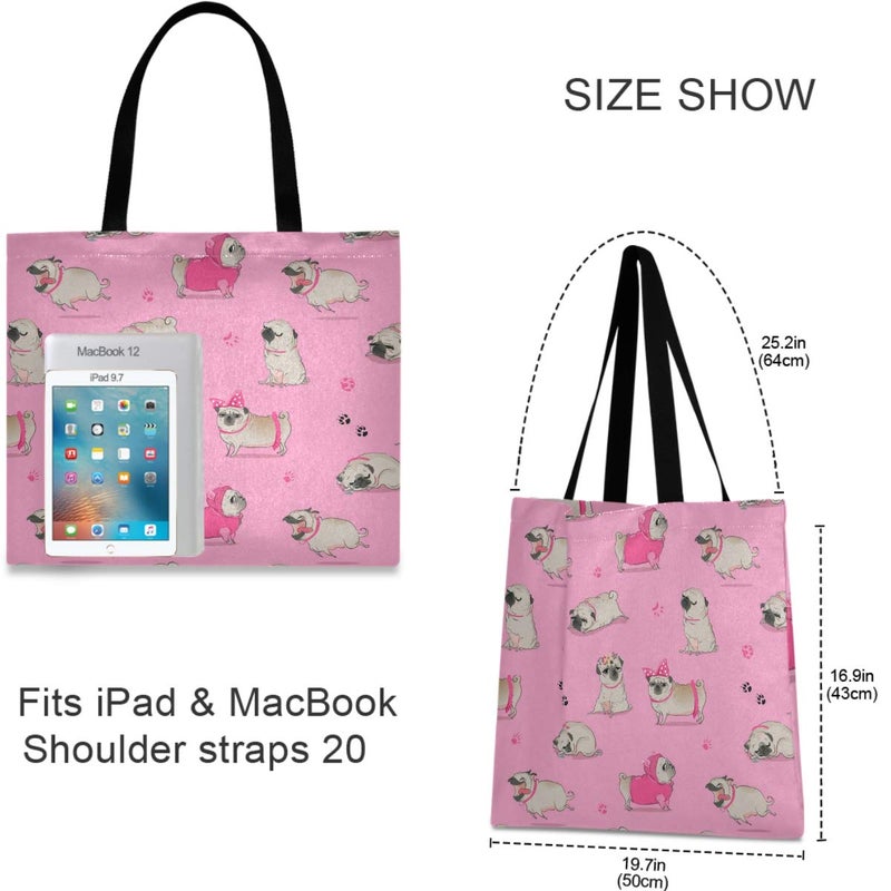 visesunny Women's Extra Large Canvas Tote Shoulder Bag Cute Cartoon Pug Top Storage Handle Shopping Bag Casual Reusable Tote Bag for Beach,Travel,Groceries,Books - Image 2